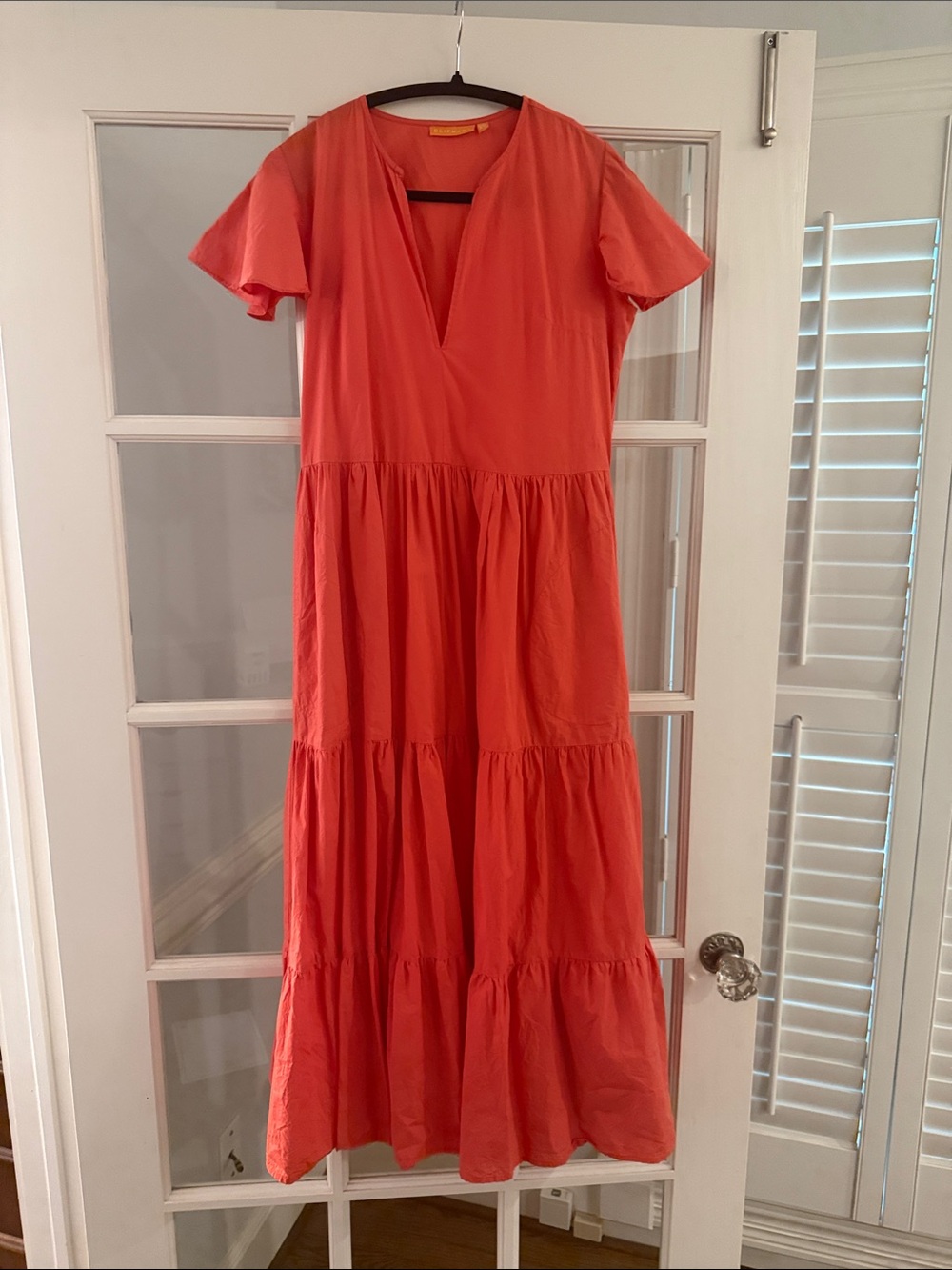 Oliphant Coral Tiered V-Neck Maxi Dress- Coral color